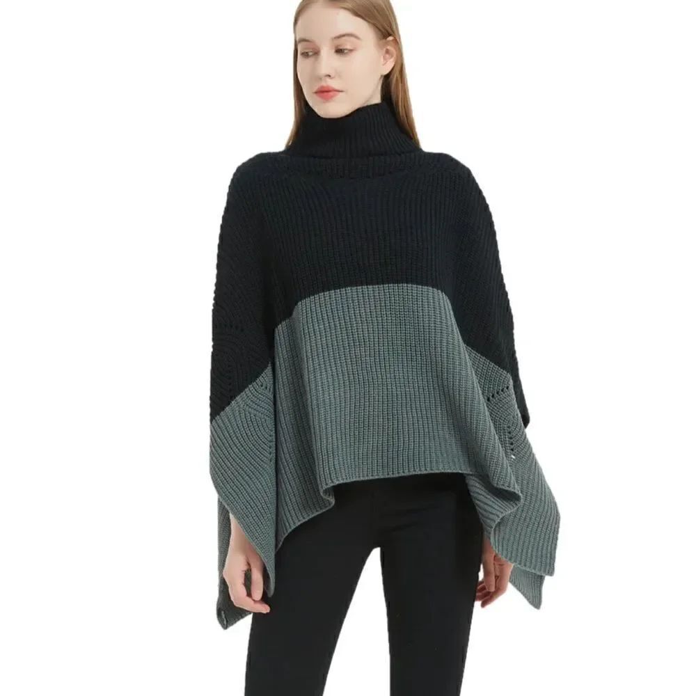Save the Ocean Sustainable Color Block Pullover Turtleneck Poncho Black Gray NWT